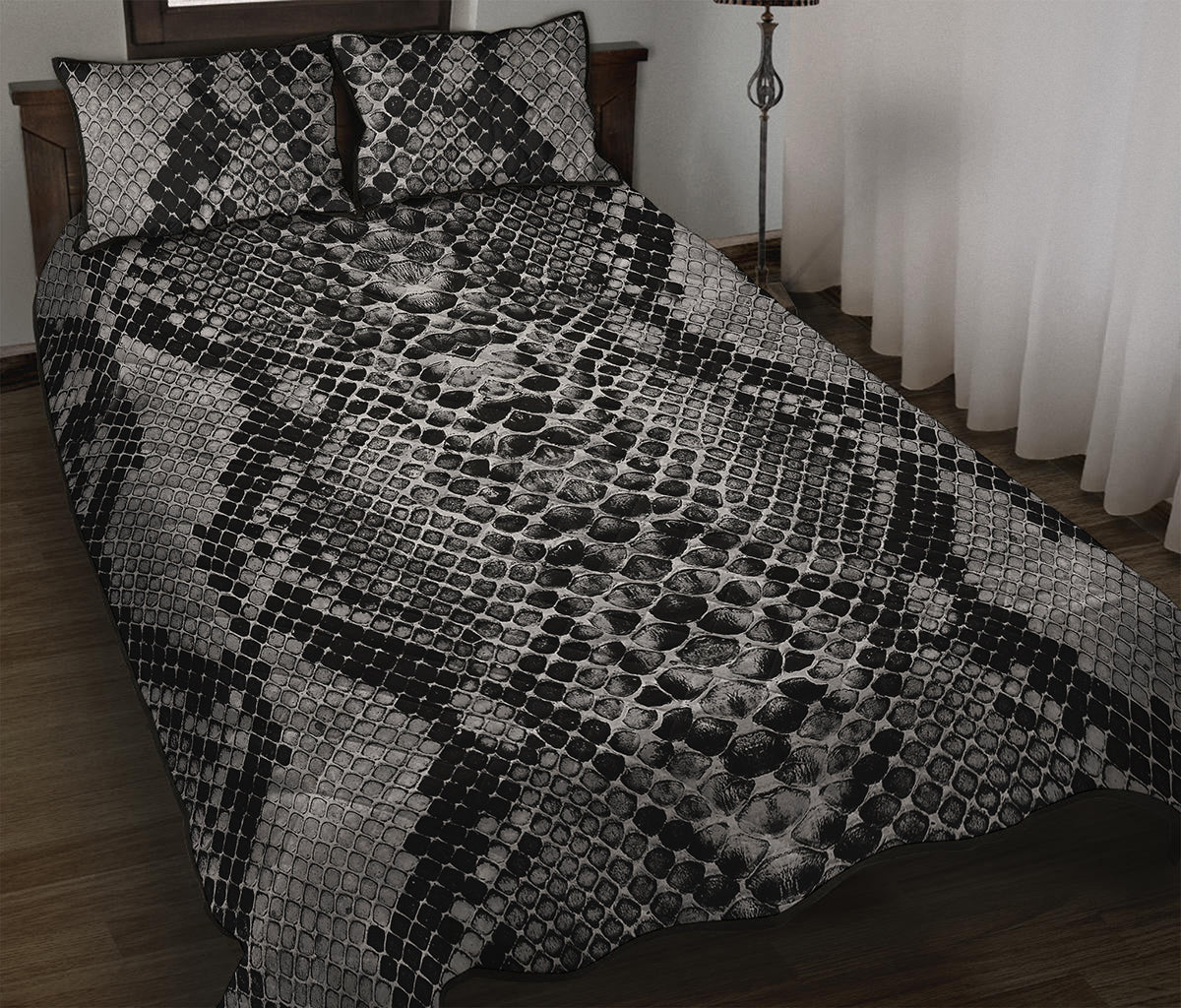 Grey And Black Snakeskin Print Quilt Bed Set