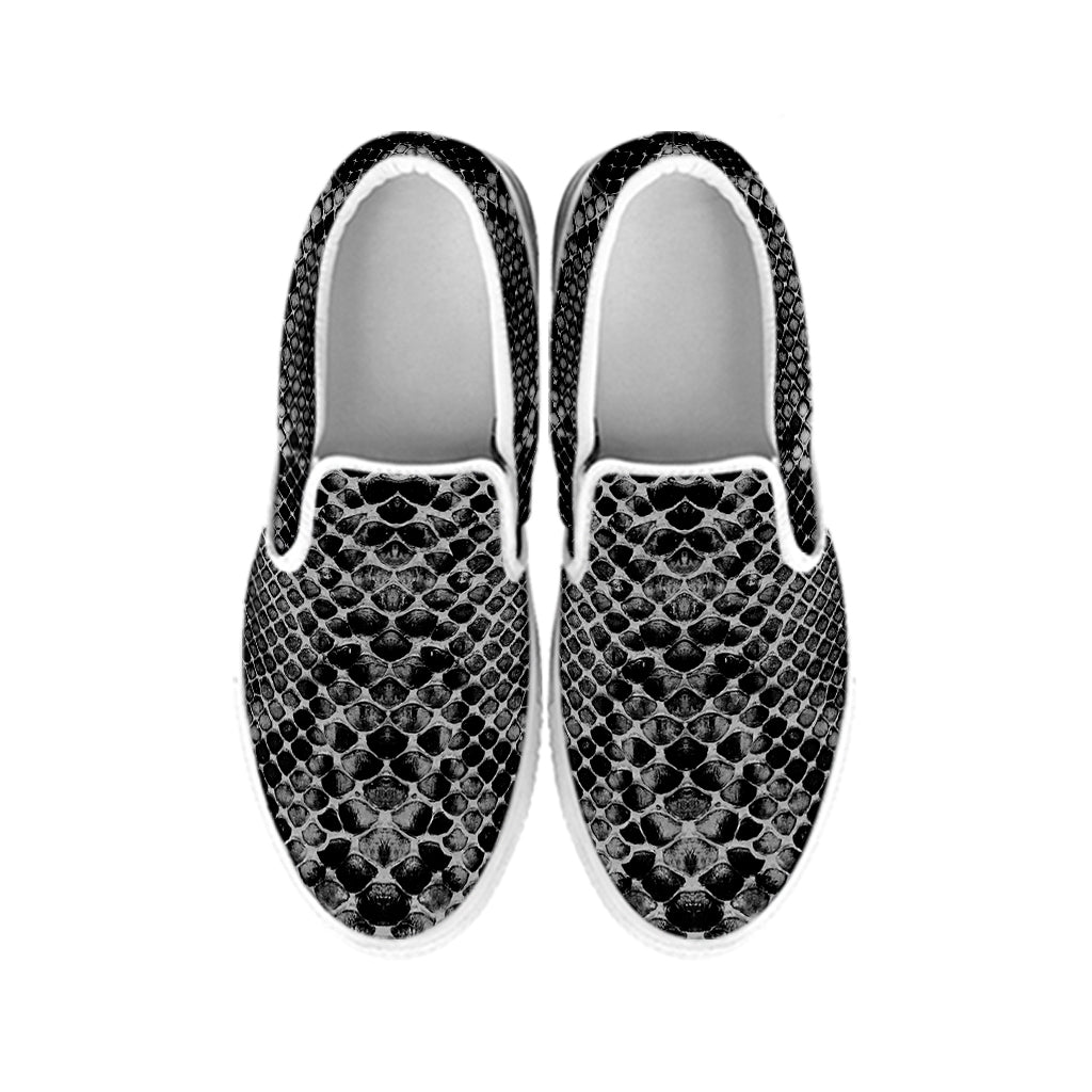 Grey And Black Snakeskin Print White Slip On Shoes