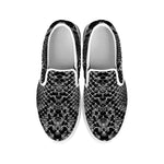 Grey And Black Snakeskin Print White Slip On Shoes