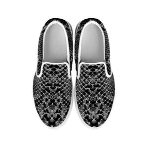 Grey And Black Snakeskin Print White Slip On Shoes