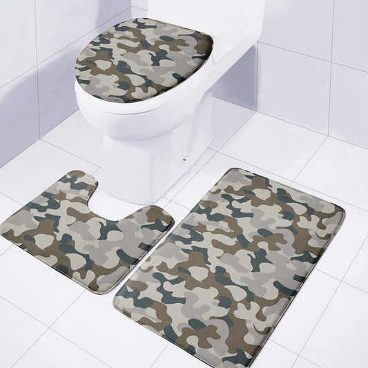Grey And Brown Camouflage Print 3 Piece Bath Mat Set