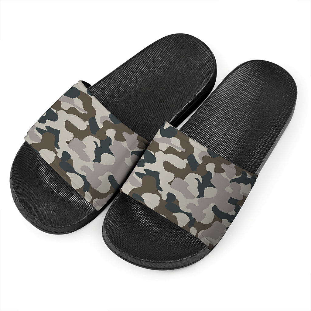 Grey And Brown Camouflage Print Black Slide Sandals