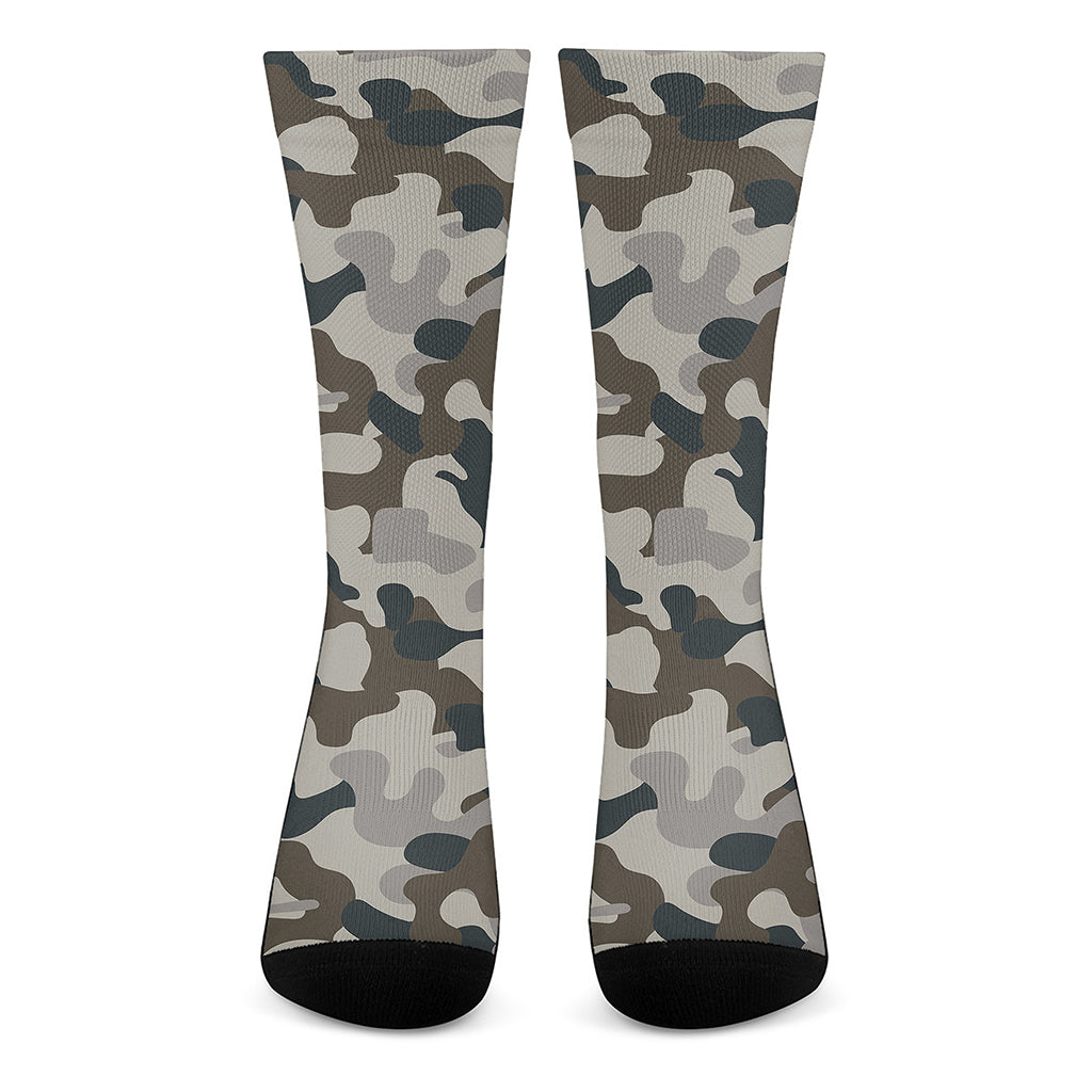 Grey And Brown Camouflage Print Crew Socks