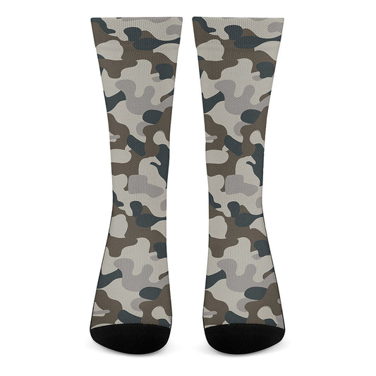 Grey And Brown Camouflage Print Crew Socks