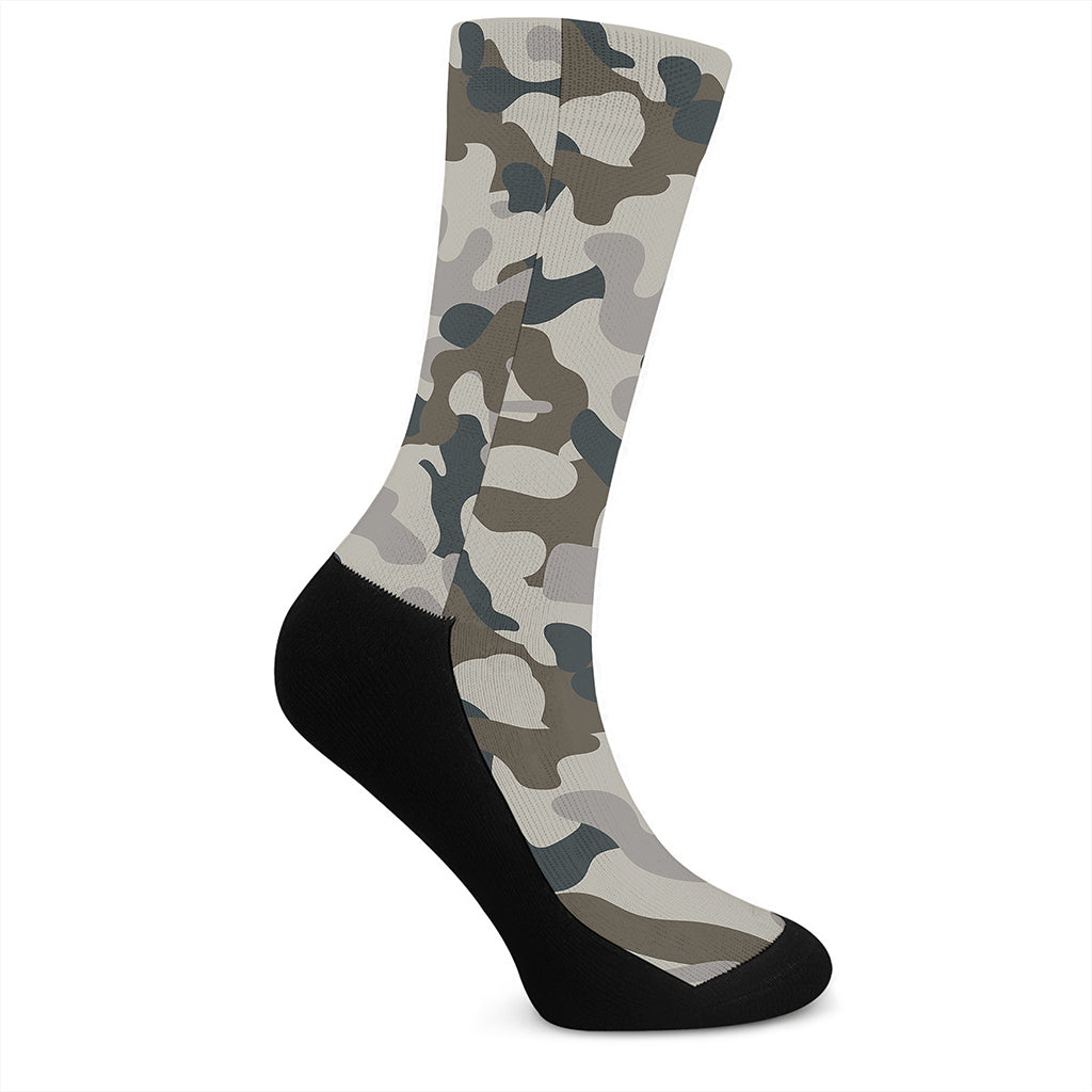 Grey And Brown Camouflage Print Crew Socks