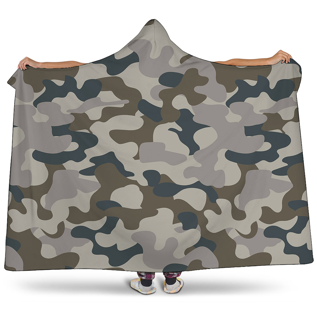 Grey And Brown Camouflage Print Hooded Blanket
