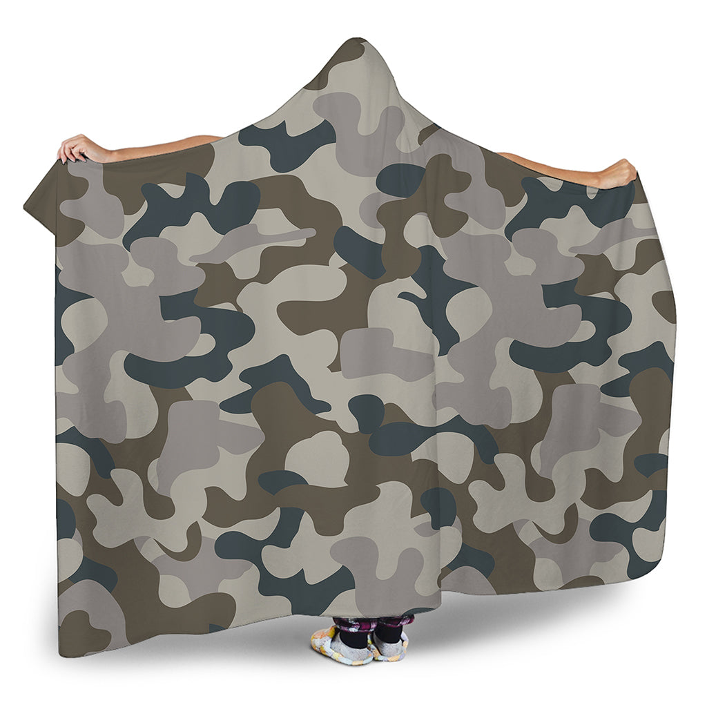 Grey And Brown Camouflage Print Hooded Blanket