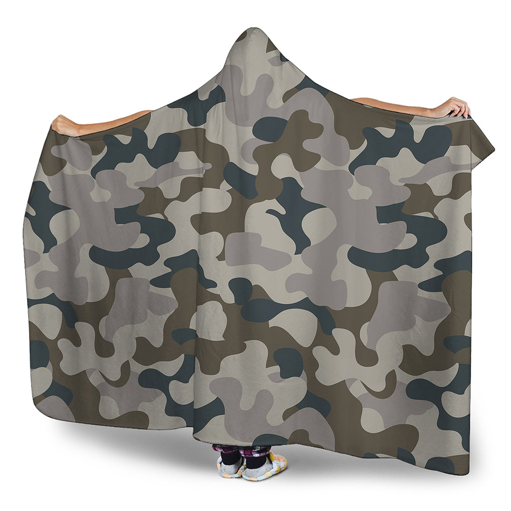 Grey And Brown Camouflage Print Hooded Blanket