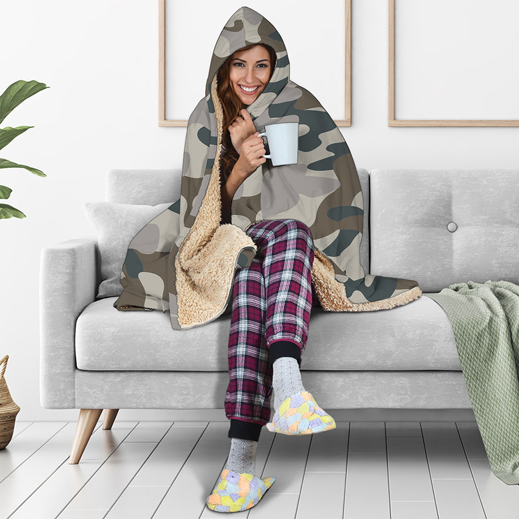 Grey And Brown Camouflage Print Hooded Blanket