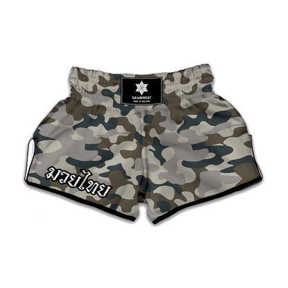 Grey And Brown Camouflage Print Muay Thai Boxing Shorts