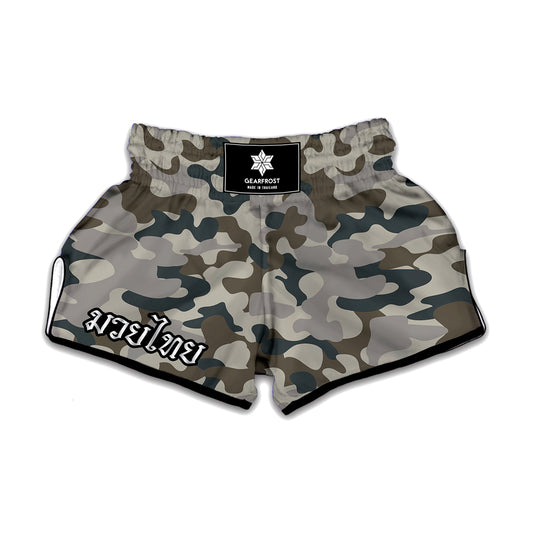 Grey And Brown Camouflage Print Muay Thai Boxing Shorts
