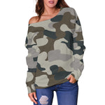 Grey And Brown Camouflage Print Off Shoulder Sweatshirt GearFrost