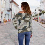 Grey And Brown Camouflage Print Off Shoulder Sweatshirt GearFrost