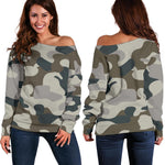 Grey And Brown Camouflage Print Off Shoulder Sweatshirt GearFrost