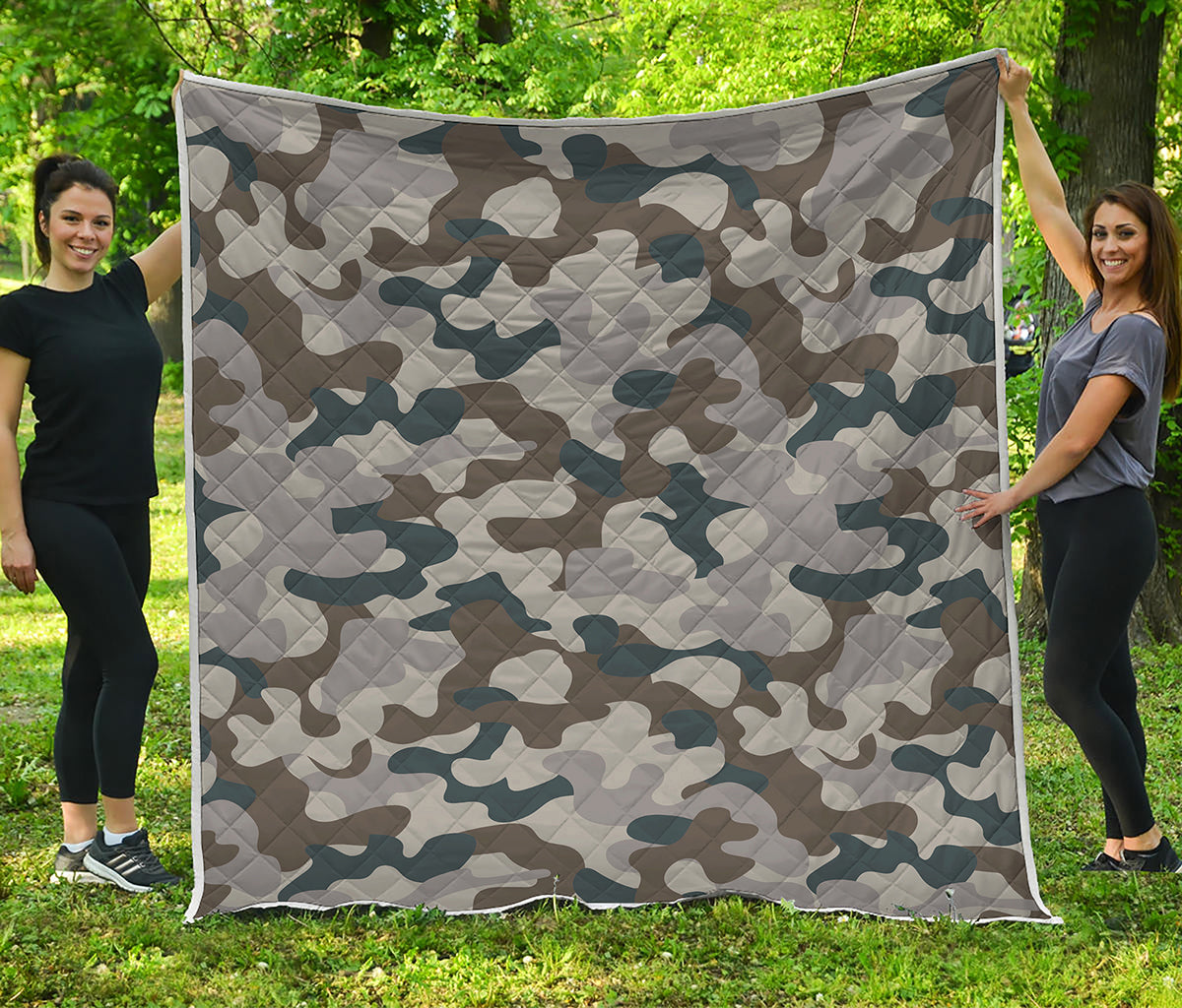 Grey And Brown Camouflage Print Quilt