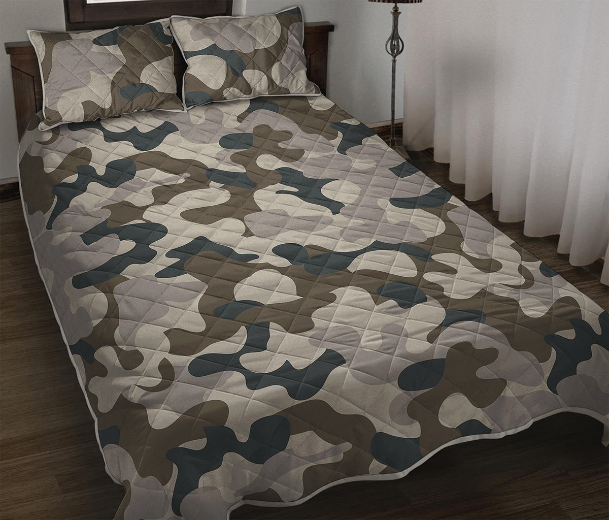 Grey And Brown Camouflage Print Quilt Bed Set