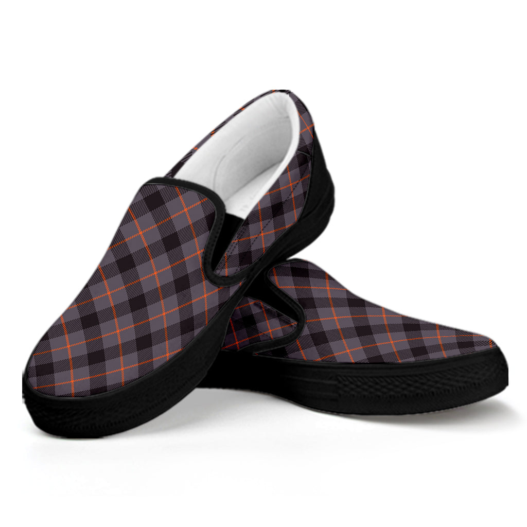 Grey And Orange Plaid Pattern Print Black Slip On Shoes