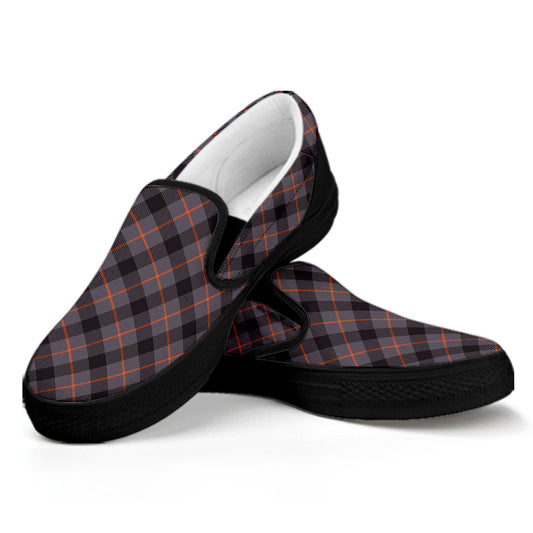 Grey And Orange Plaid Pattern Print Black Slip On Shoes