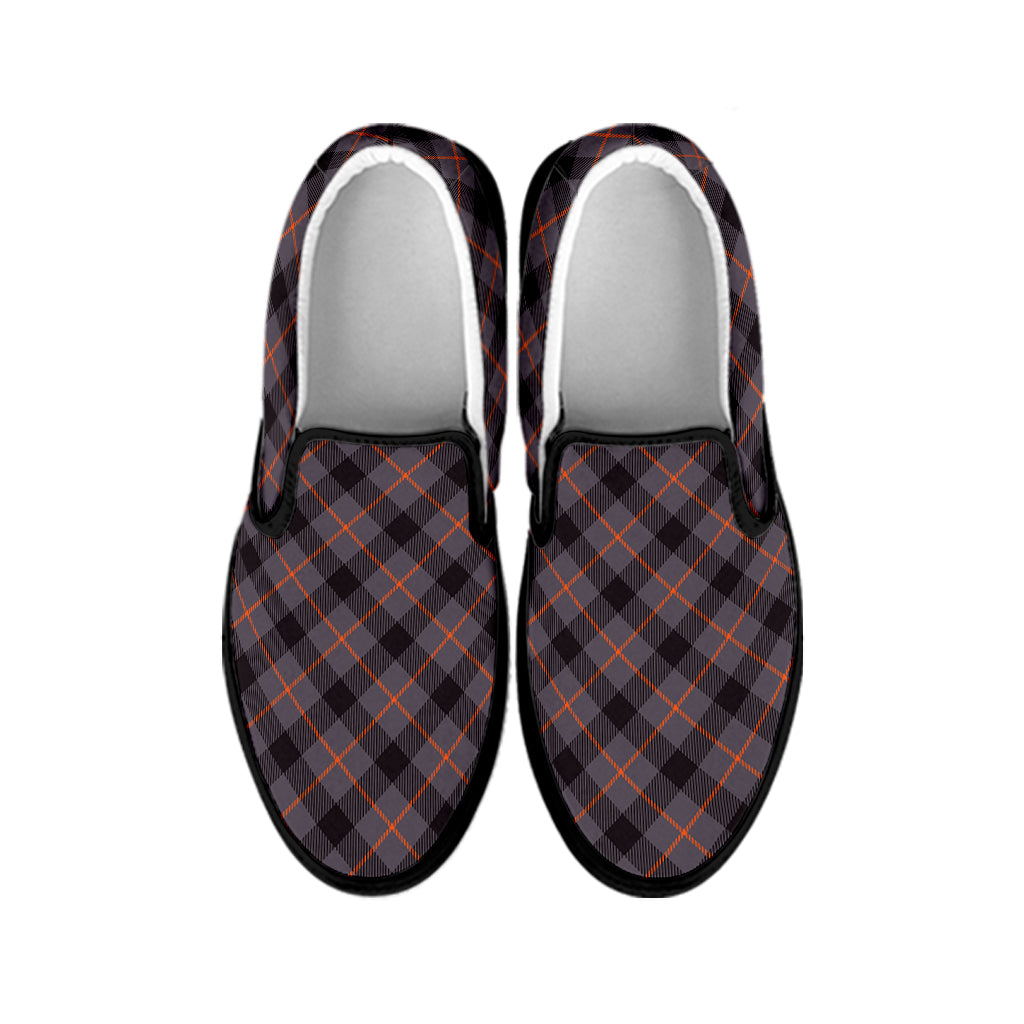 Grey And Orange Plaid Pattern Print Black Slip On Shoes