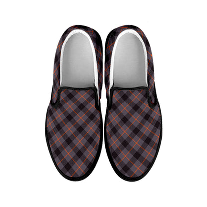 Grey And Orange Plaid Pattern Print Black Slip On Shoes