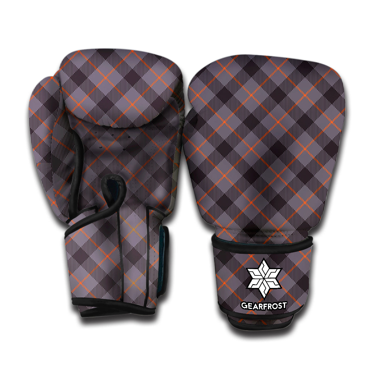 Grey And Orange Plaid Pattern Print Boxing Gloves