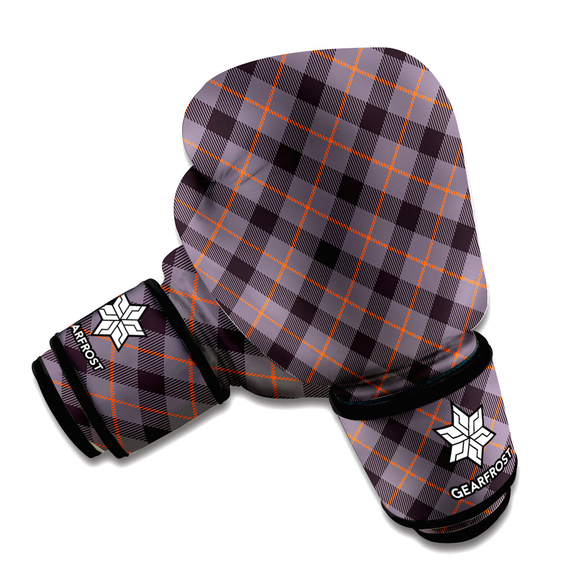 Grey And Orange Plaid Pattern Print Boxing Gloves