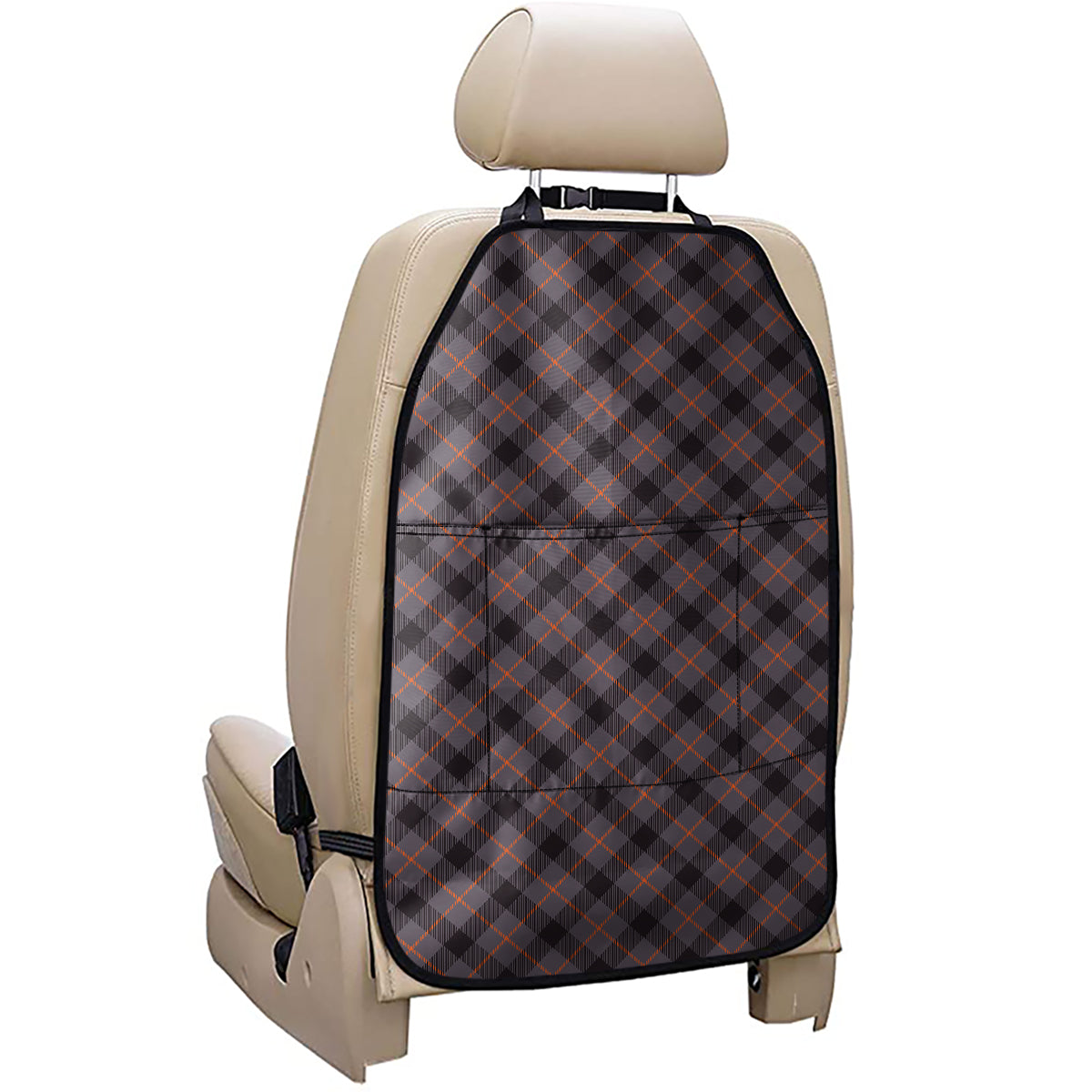 Grey And Orange Plaid Pattern Print Car Seat Organizers