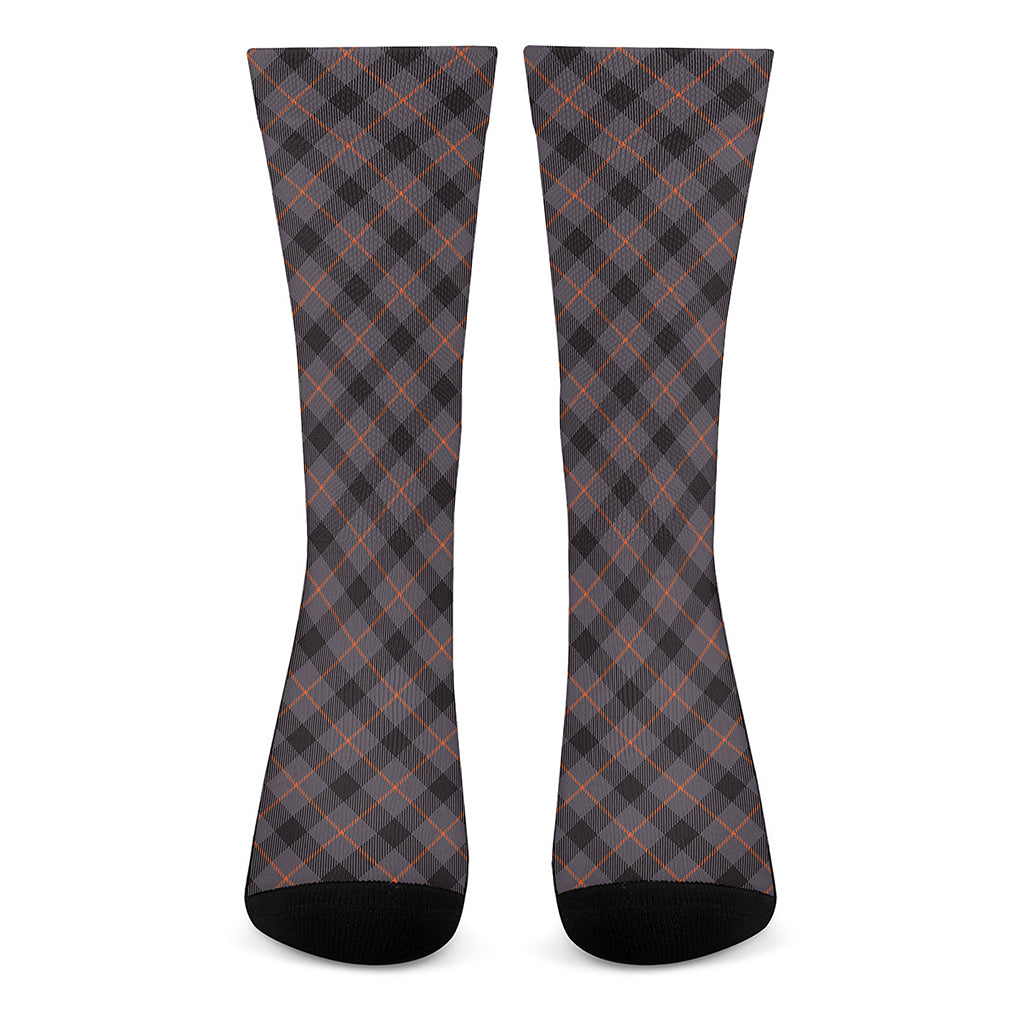 Grey And Orange Plaid Pattern Print Crew Socks