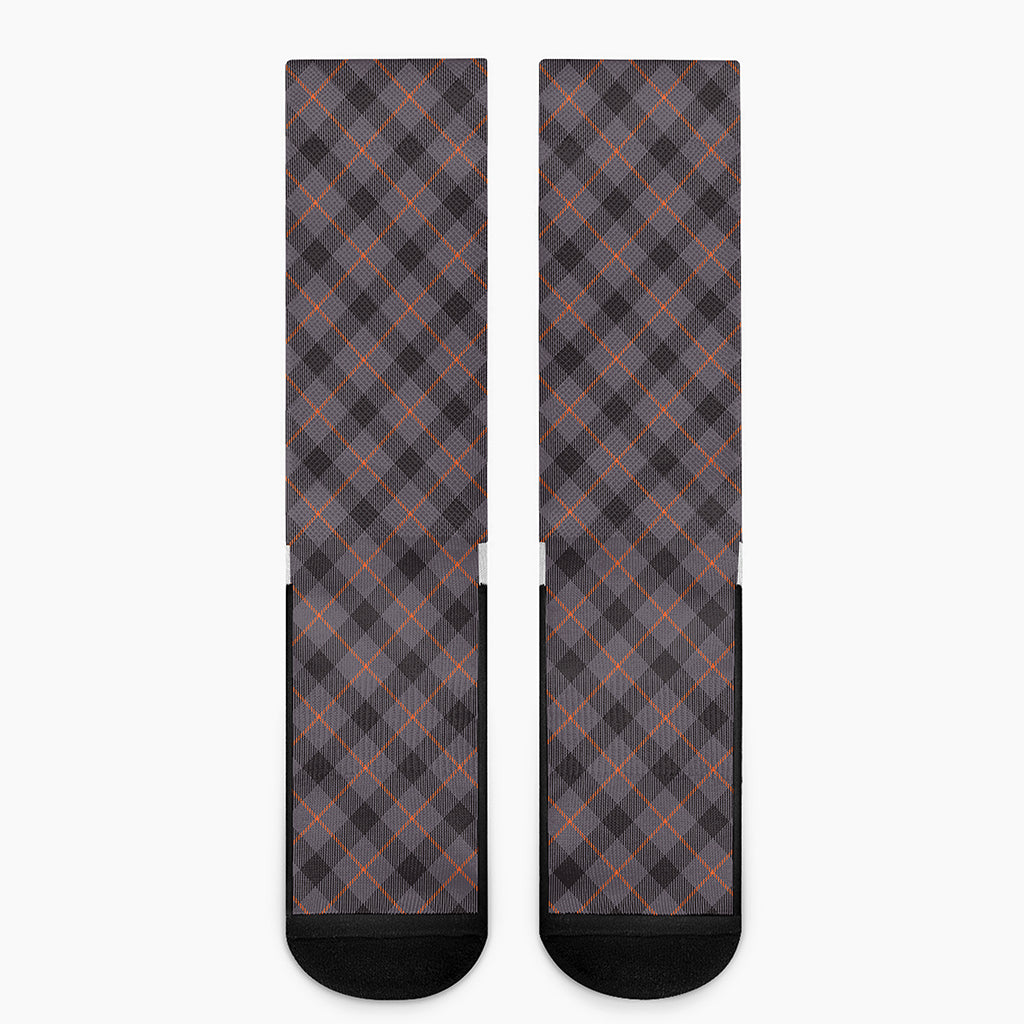 Grey And Orange Plaid Pattern Print Crew Socks