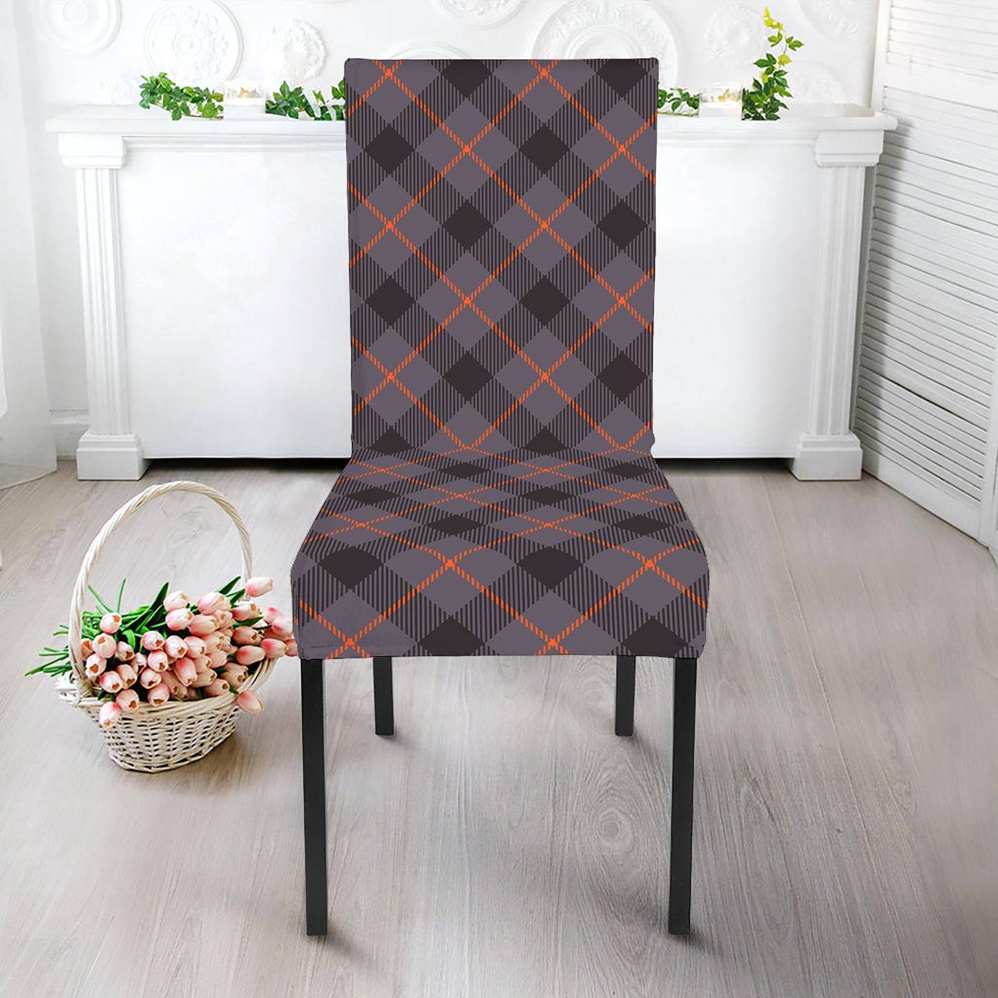 Grey And Orange Plaid Pattern Print Dining Chair Slipcover