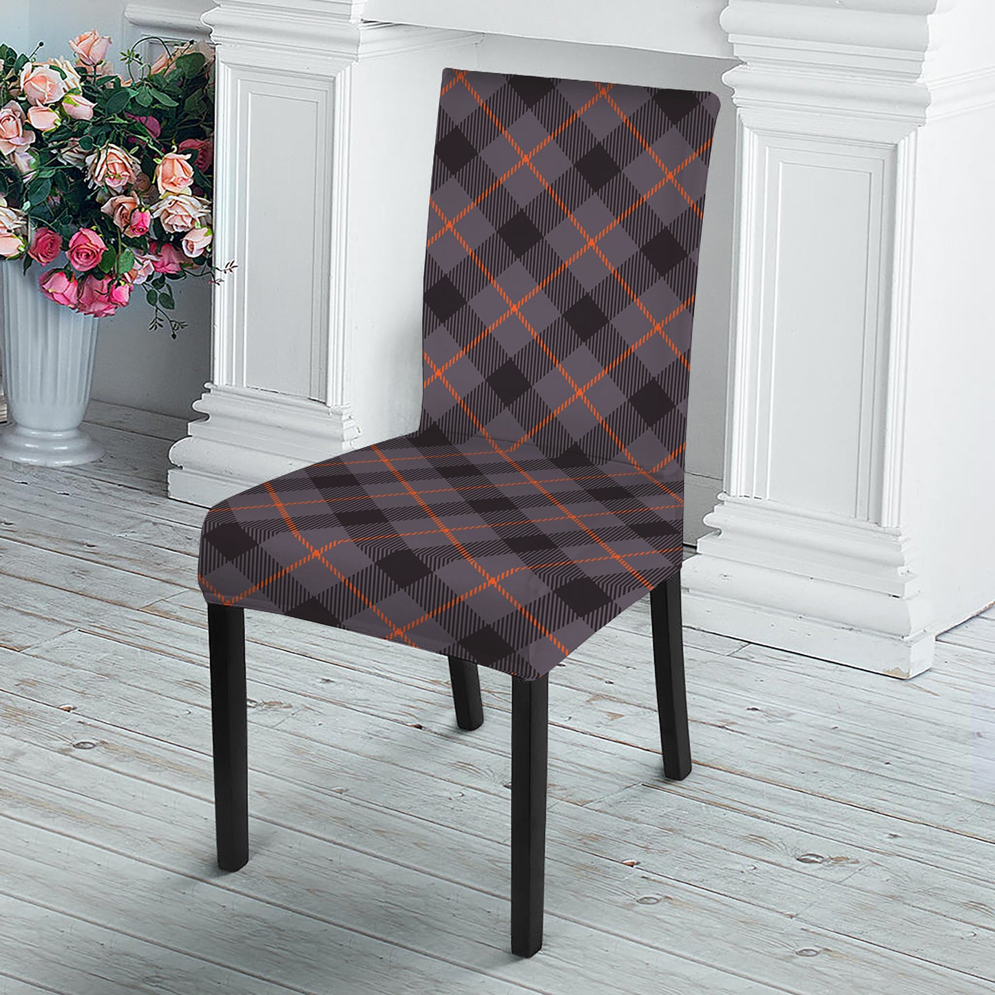 Grey And Orange Plaid Pattern Print Dining Chair Slipcover