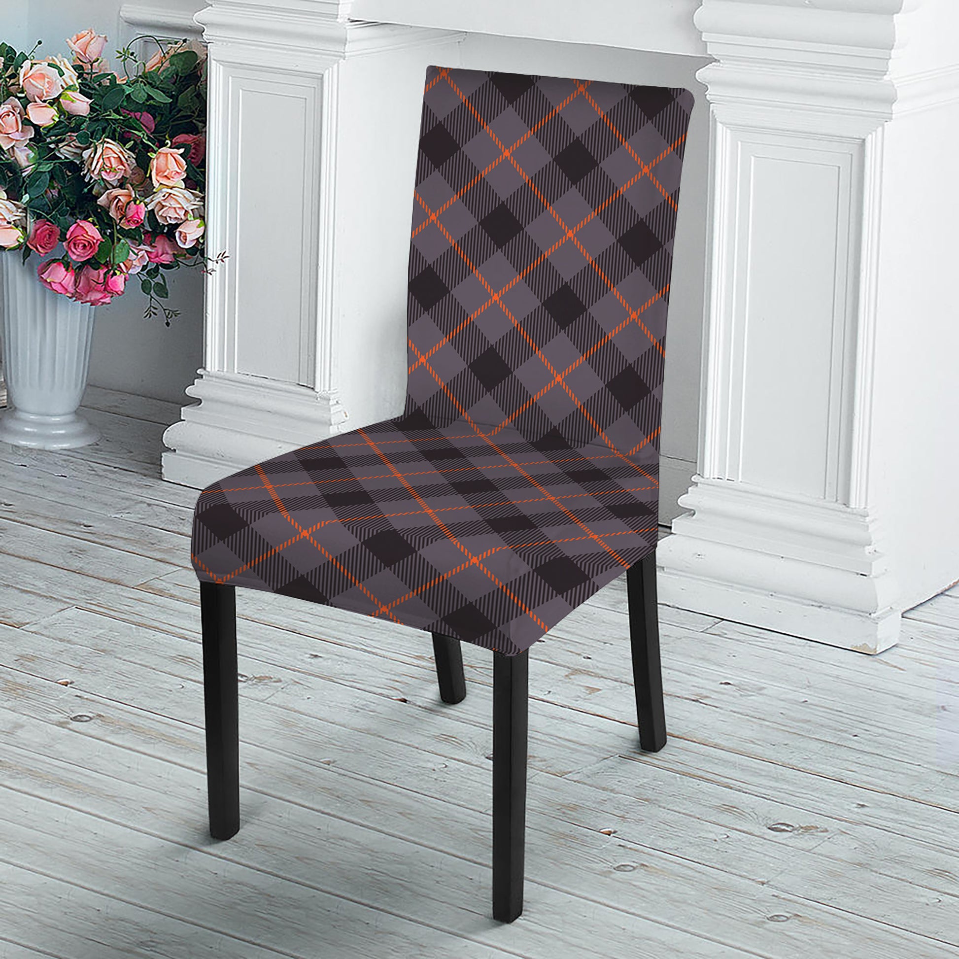 Grey And Orange Plaid Pattern Print Dining Chair Slipcover