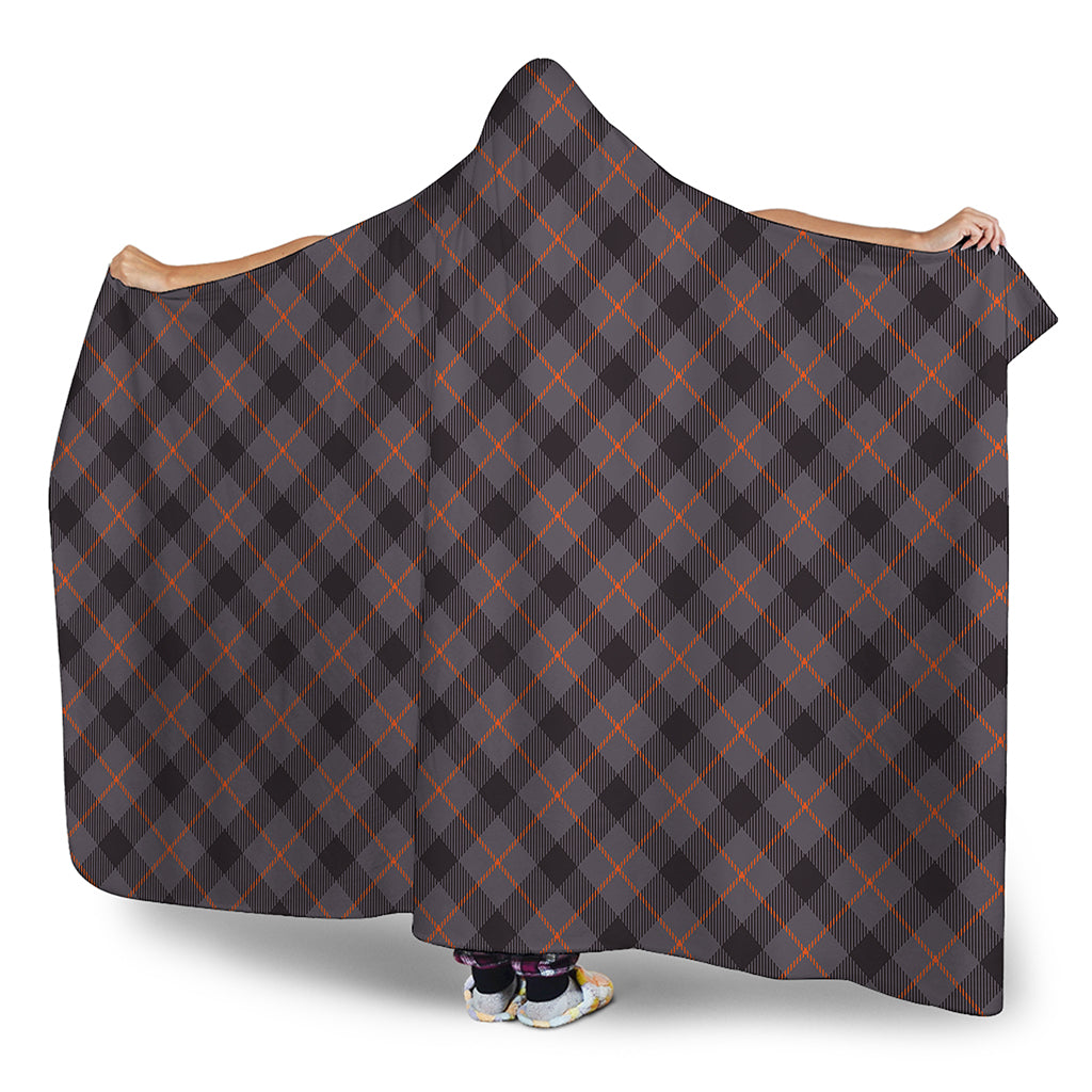 Grey And Orange Plaid Pattern Print Hooded Blanket