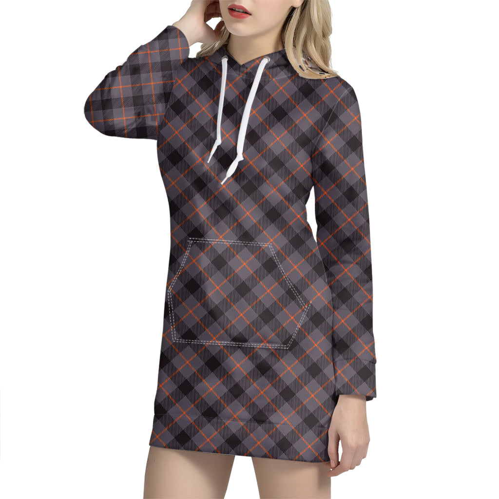 Grey And Orange Plaid Pattern Print Hoodie Dress