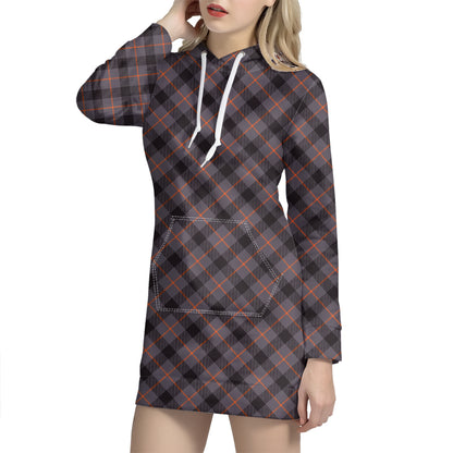 Grey And Orange Plaid Pattern Print Hoodie Dress