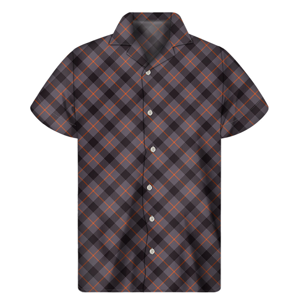Grey And Orange Plaid Pattern Print Men's Short Sleeve Shirt