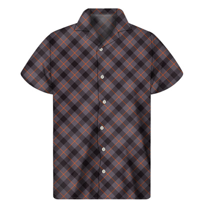 Grey And Orange Plaid Pattern Print Men's Short Sleeve Shirt