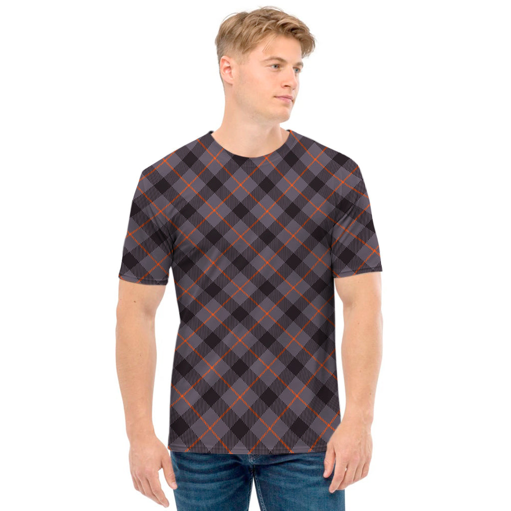 Grey And Orange Plaid Pattern Print Men's T-Shirt