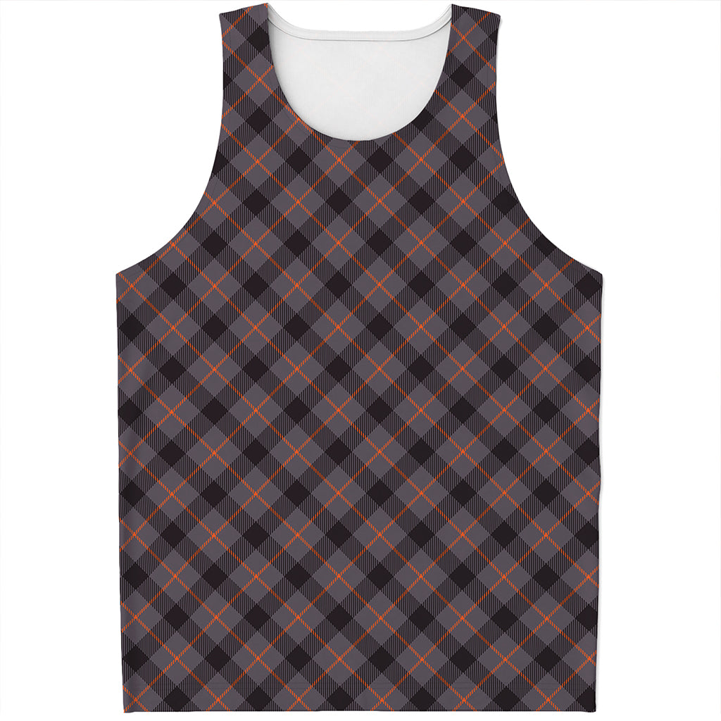 Grey And Orange Plaid Pattern Print Men's Tank Top