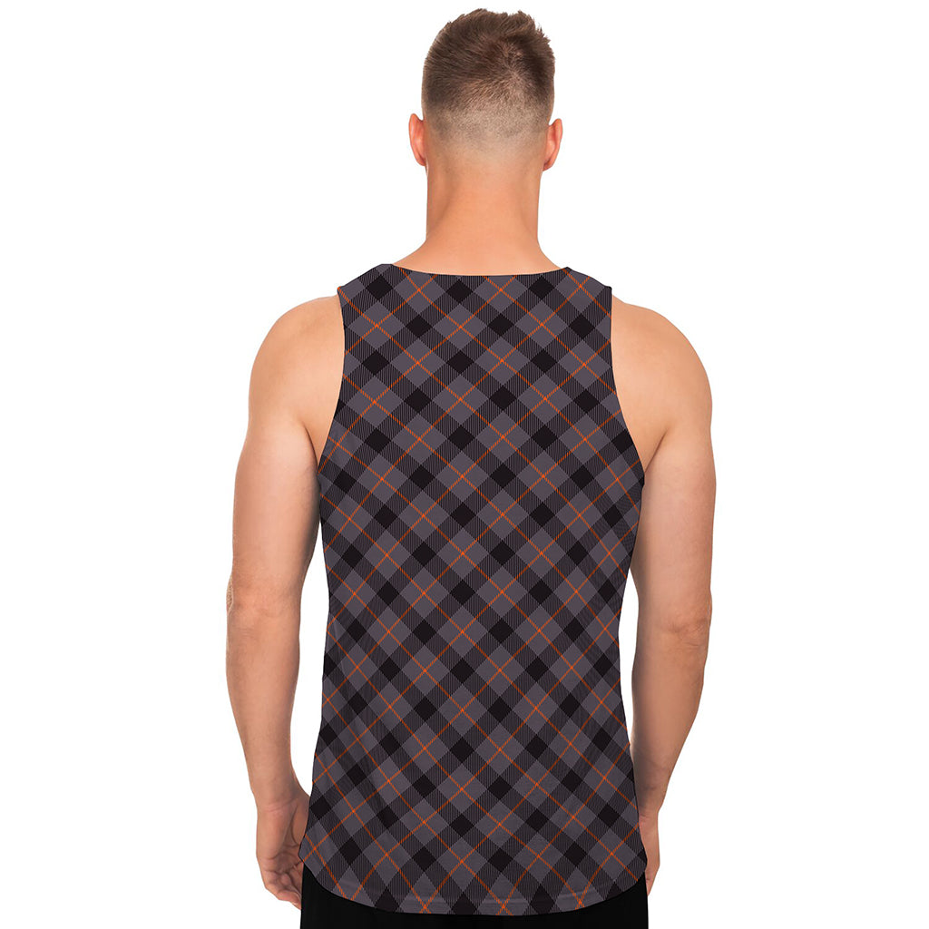 Grey And Orange Plaid Pattern Print Men's Tank Top