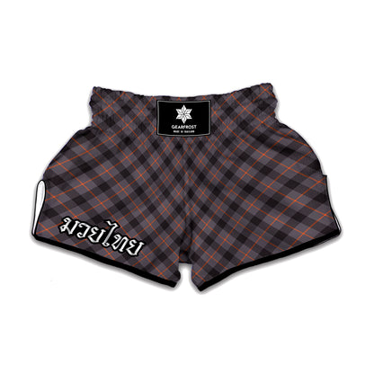 Grey And Orange Plaid Pattern Print Muay Thai Boxing Shorts