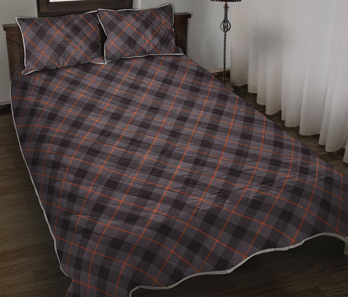 Grey And Orange Plaid Pattern Print Quilt Bed Set