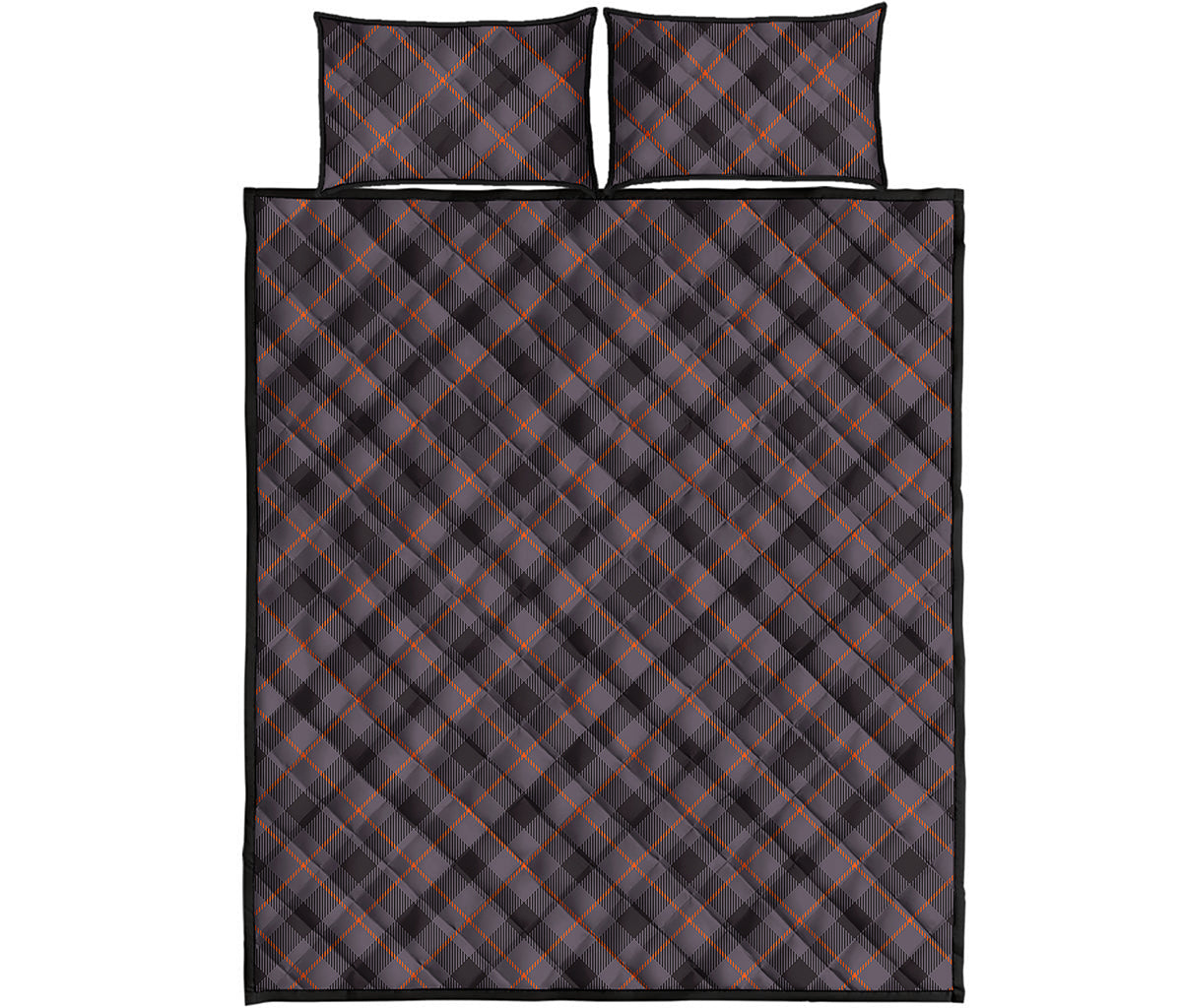 Grey And Orange Plaid Pattern Print Quilt Bed Set