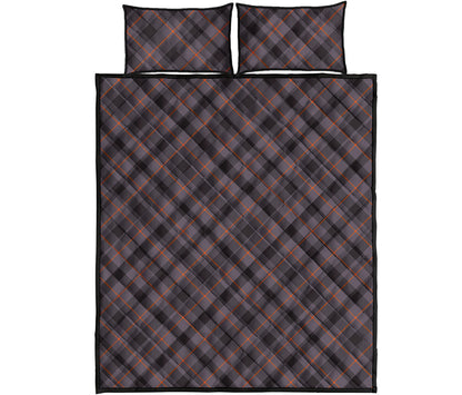 Grey And Orange Plaid Pattern Print Quilt Bed Set