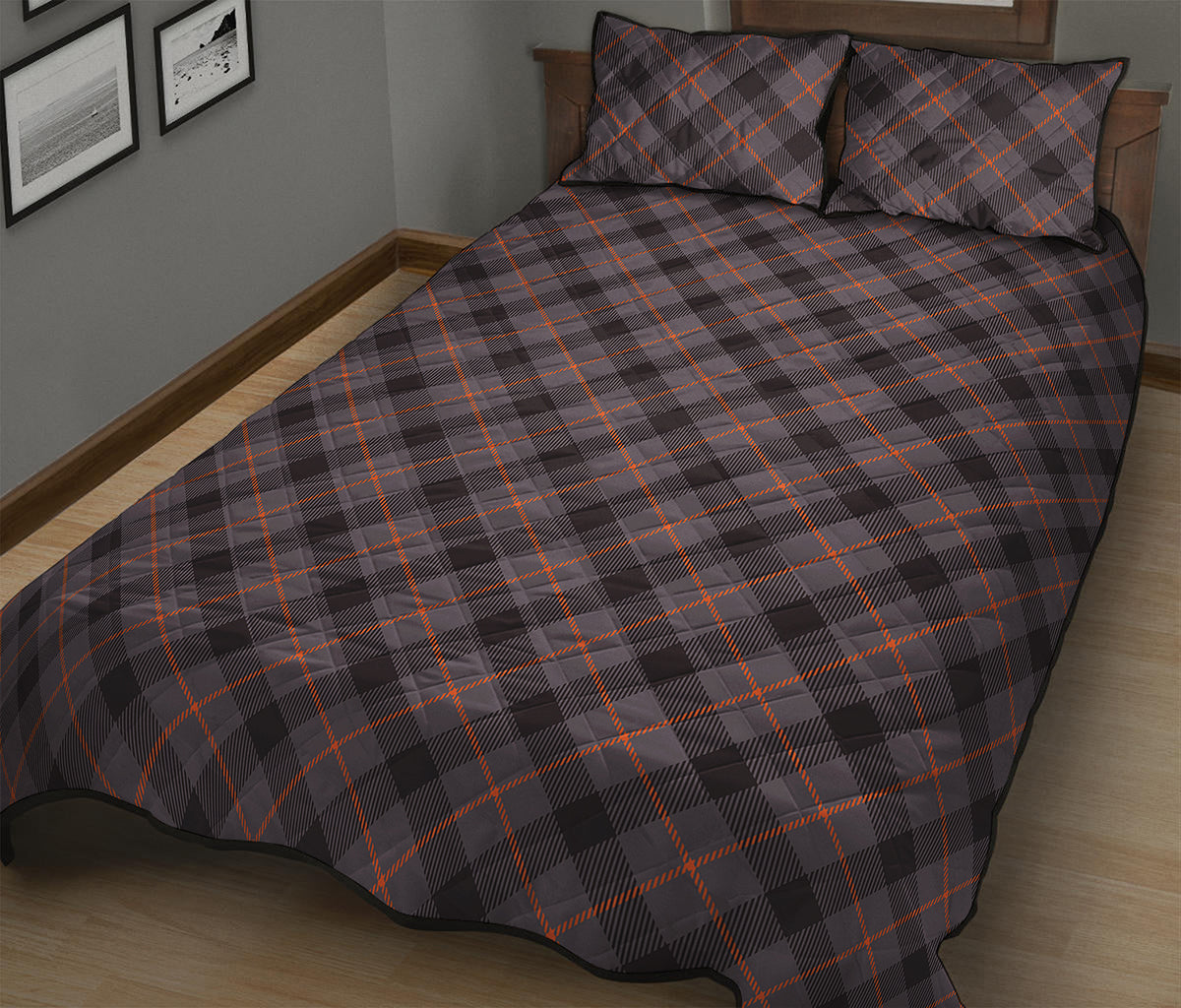 Grey And Orange Plaid Pattern Print Quilt Bed Set