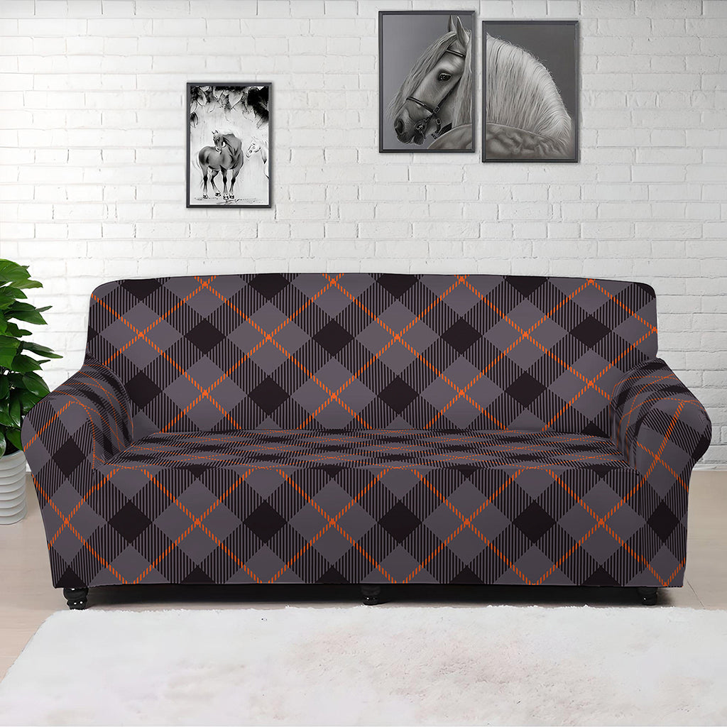 Grey And Orange Plaid Pattern Print Sofa Cover