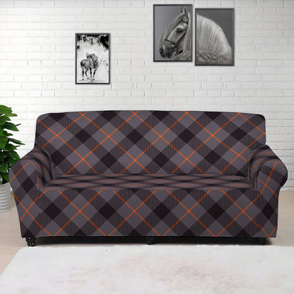 Grey And Orange Plaid Pattern Print Sofa Cover