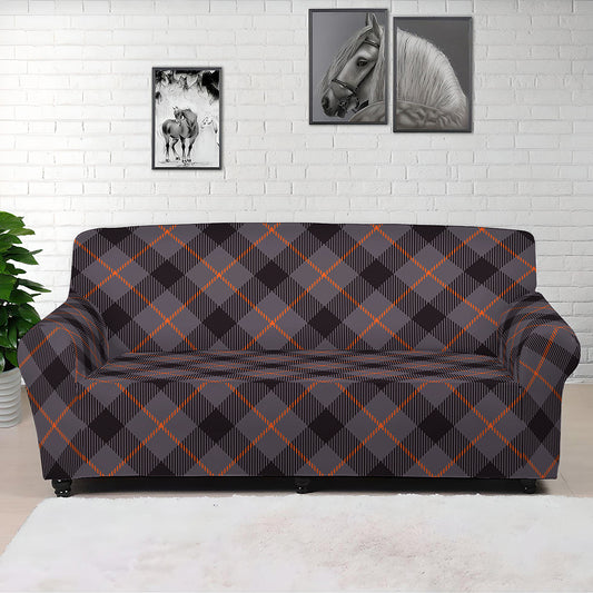 Grey And Orange Plaid Pattern Print Sofa Cover