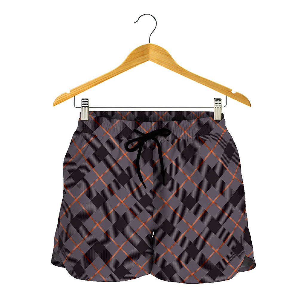 Grey And Orange Plaid Pattern Print Women's Shorts