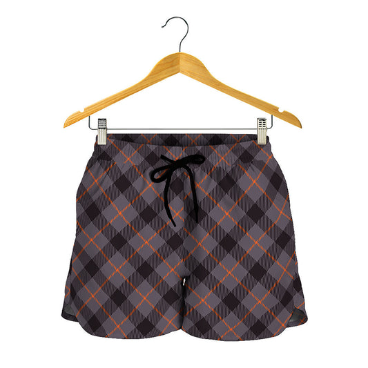 Grey And Orange Plaid Pattern Print Women's Shorts